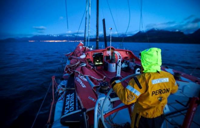 Onboard Dongfeng Race Team - Eric Peron driving the de-masted VO65 into Ushuaia - Leg five to Itajai -  Volvo Ocean Race 2015 © Yann Riou / Dongfeng Race Team